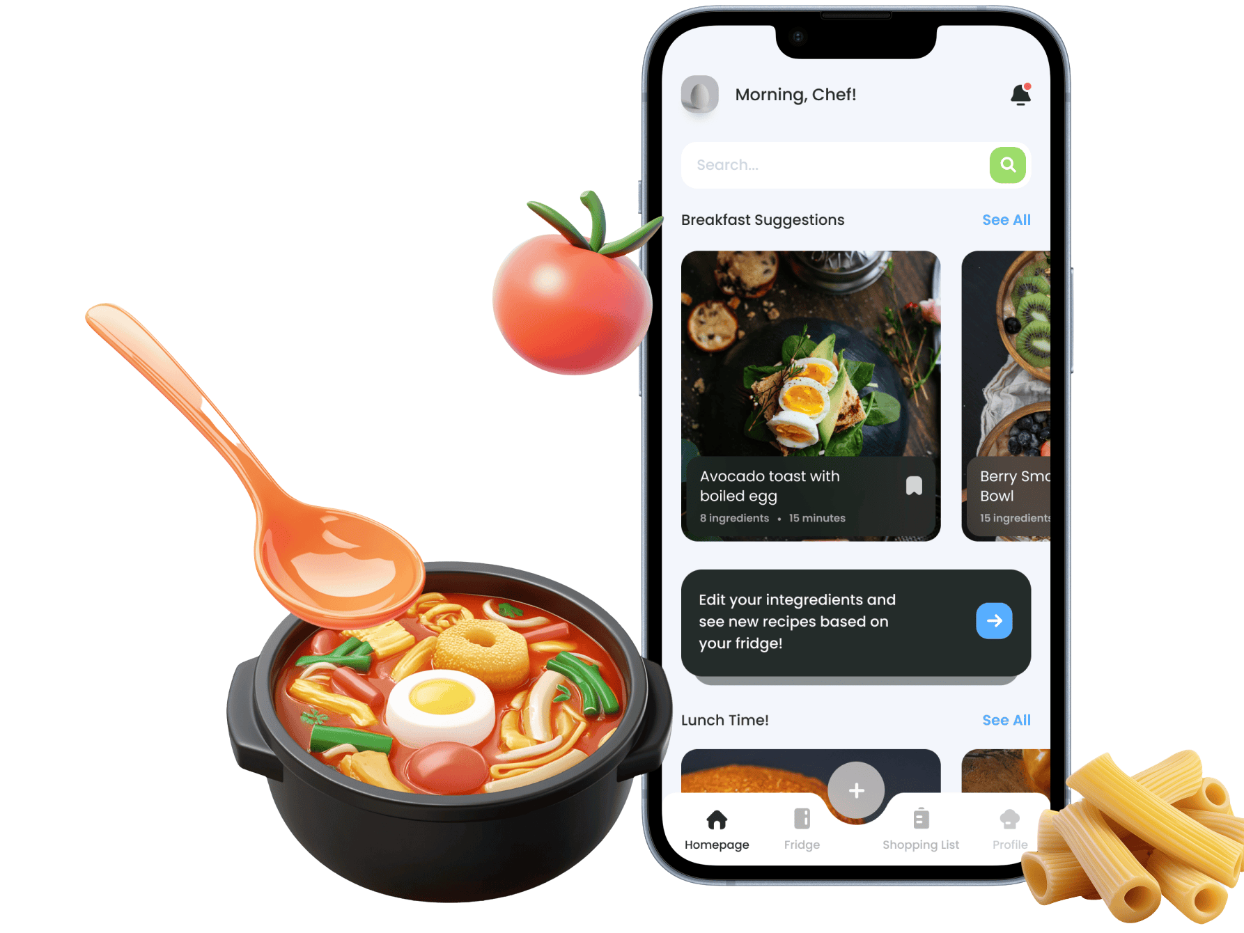 Food Kitchen app showing recipe suggestions and ingredient-based meal ideas